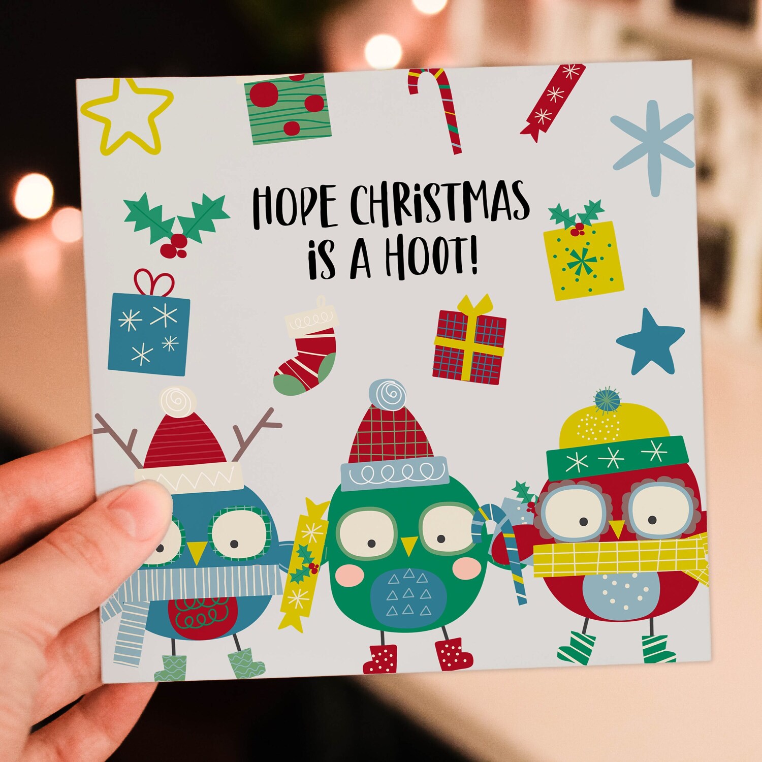 Hope Christmas is a hoot! Owl Xmas, Holidays, festive bird card for friend, mate, family, colleague, coworker (Size A6/A5/A4/Square 6x6") - A6: Single card