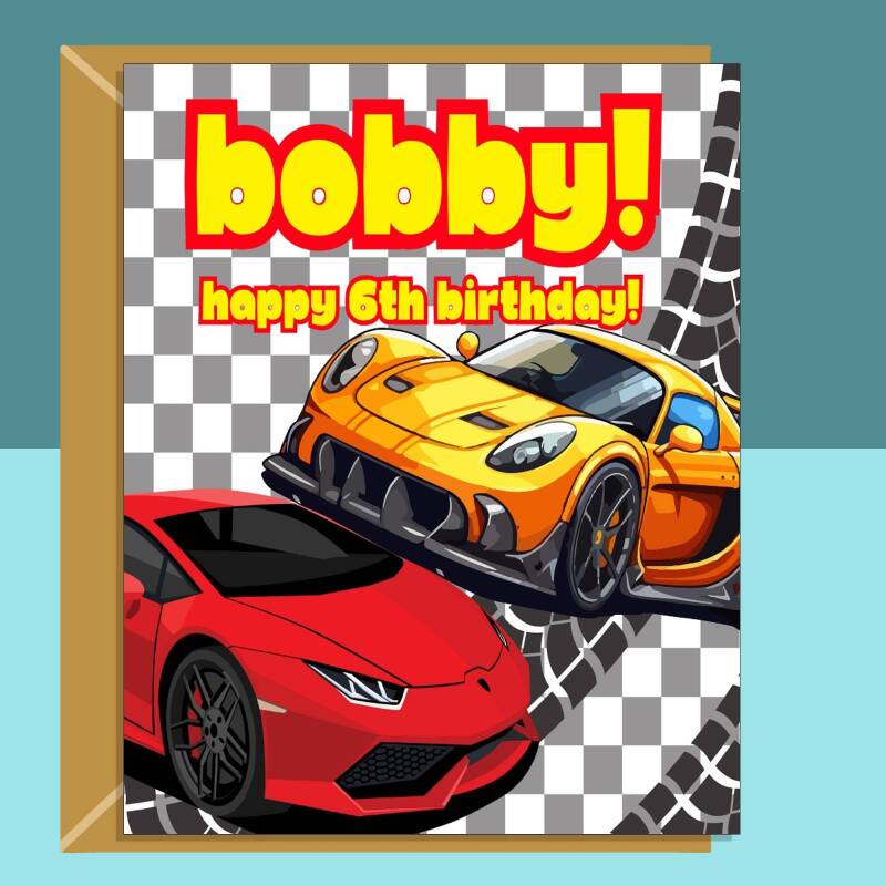 6th birthday card - Cars - Personalised - For Him or Her - 6 Year Old Son, Nephew, Grandson, Friend, Niece, Daughter, Granddaughter - Blank inside - Large