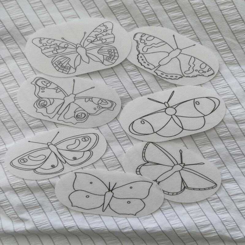 English Butterfly Stick and Stitch Washable Transfers, Peacock, Red Admiral, Orange Tip, Meadow Brown,  Common Blue, Painted Lady, Brimstone