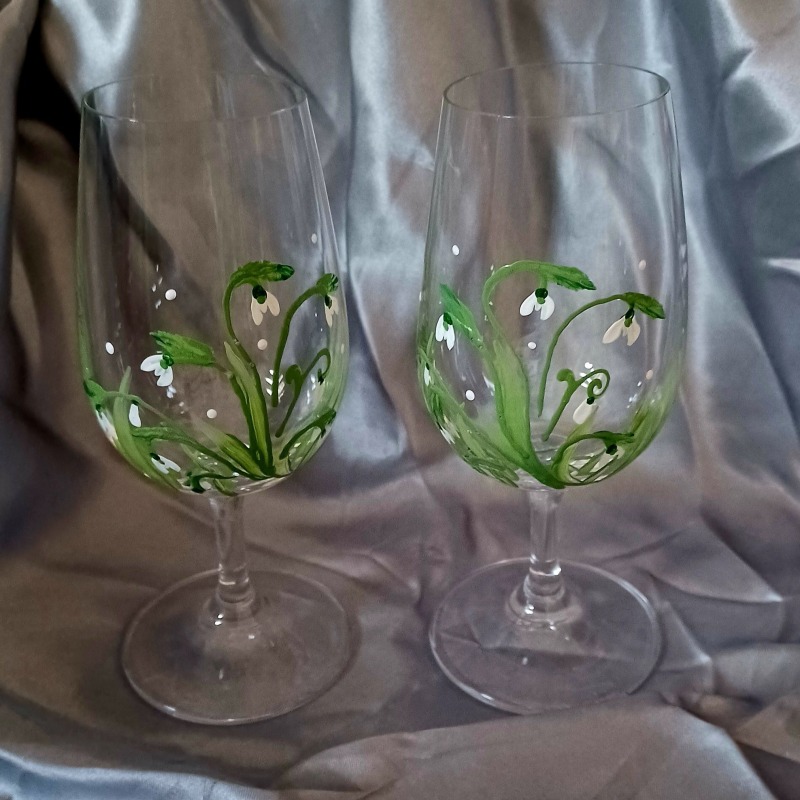 Hand Painted Snowdrop Port or Small Wine Glasses