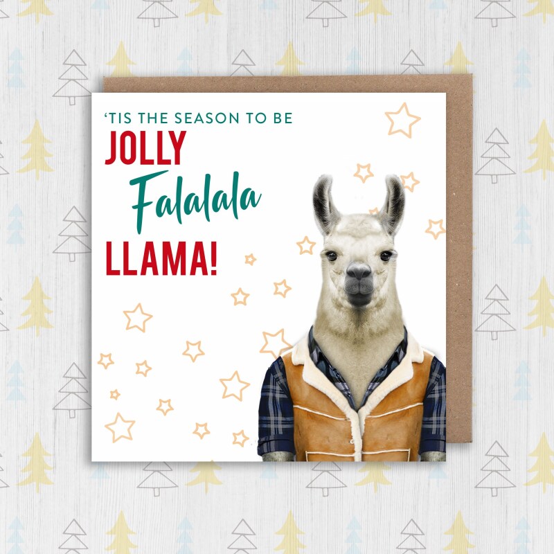 Tis the season to be jolly, Falalala Llama animal in clothes Christmas, Holidays, Xmas, festive card (Animalyser) Size A6/A5/A4/Square 6x6" - A6: Single card