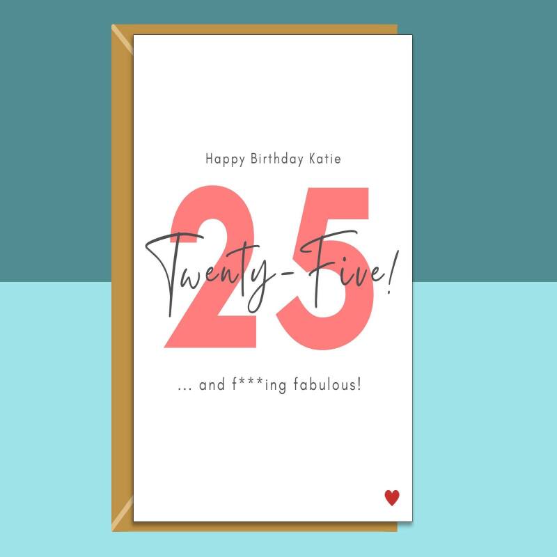 Funny 25th Birthday Card - Personalised - For Her or For Him - Perfect greetings card for a friend or someone else turning 25 years old. - Blank inside - Small