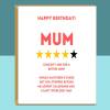 Funny Mum Birthday Card - 4 Stars - Best Mum - Sarcastic - 40th, 50th, 60th and more. For her - Personalised if required. - Blank inside - Regular