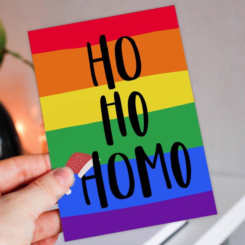 Ho Ho Homo LGBTQ+, gay, lesbian, bisexual rainbow Christmas, Holidays card for friend, mate, bestie, male (Size A6/A5/A4/Square 6x6") - A6: Single card