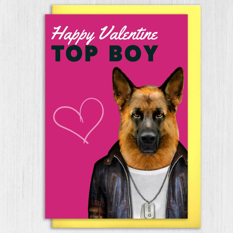 Happy Valentine Top Boy German Shepherd dog animal in clothes card for boyfriend, husband, male partner (Animalyser) Size A6/A5/A4/Square - A6: Single card
