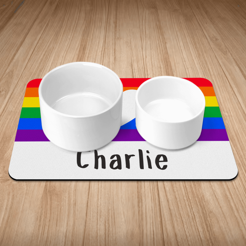 Personalised Rainbow Heart Puppy/Dog Bowl Mat