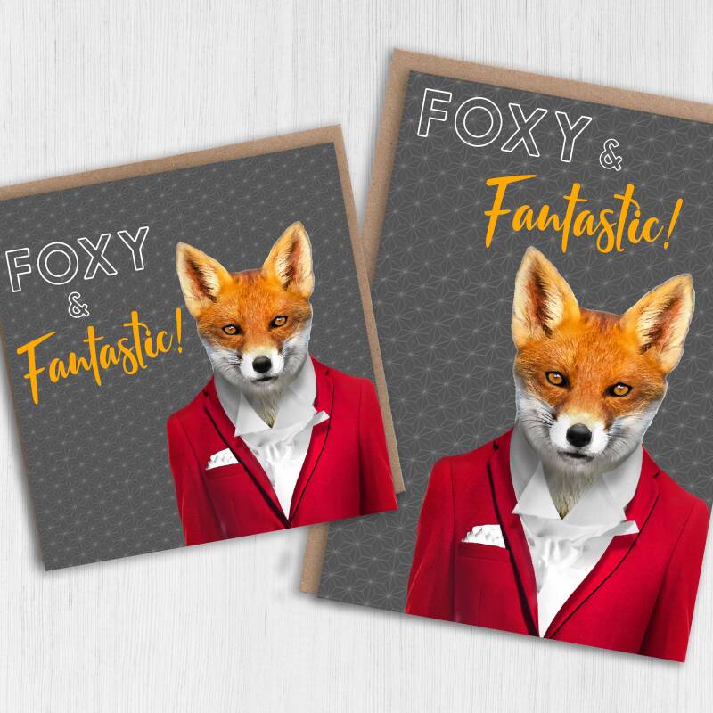 Foxy and fantastic cute fox, animal in clothes Valentine’s Day card for wife, husband, partner (Animalyser) (Size A6/A5/A4/Square 6x6") - A6: Single card