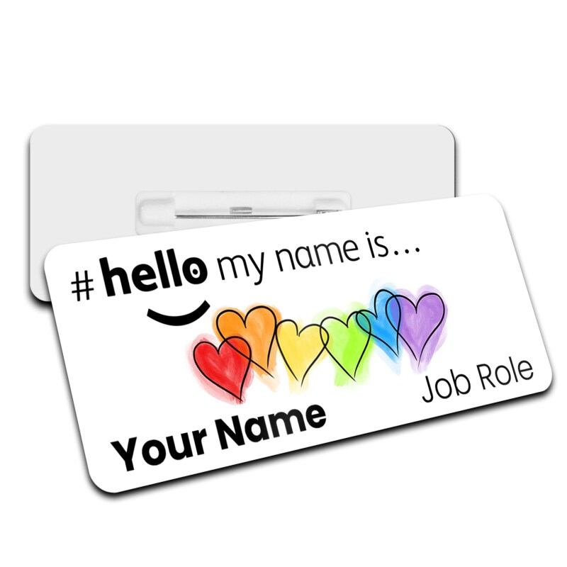 Hello My Name is Name Badge Rainbow hearts Splash