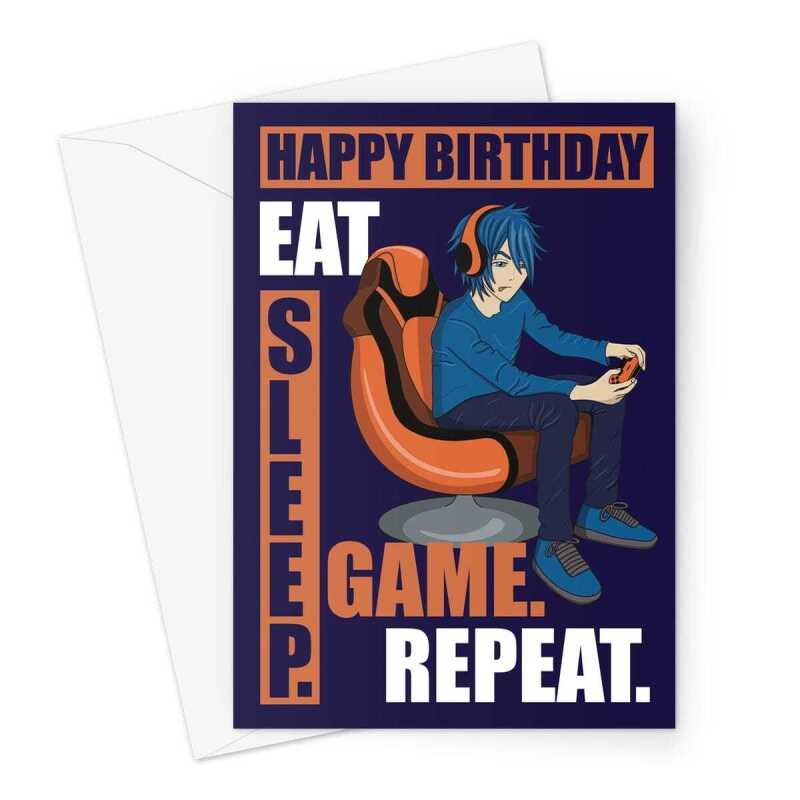 Eat Sleep Game Repeat Anime Gamer Boy Birthday Card - A5 Portrait - 1 Card