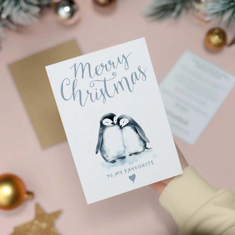 Christmas Card For Her Card For Him Xmas Card For Girlfriend or Boyfriend Christmas Card for Wife Christ Card For Husband Cute Penguins - Large (5x7) / Blank Message