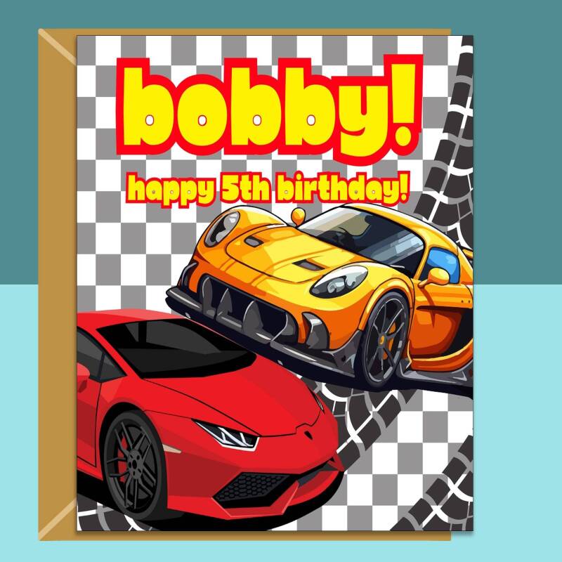 5th birthday card - Cars - Personalised - For Him or Her - 5 Year Old Son, Nephew, Grandson, Friend, Niece, Daughter, Granddaughter - Blank inside - Large