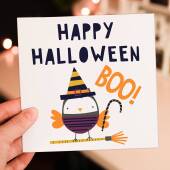 Trick or treat owl, spooky, witch, boo cute Happy Halloween card for children, kids, adults, all ages (Size A6/A5/A4/Square 6x6")