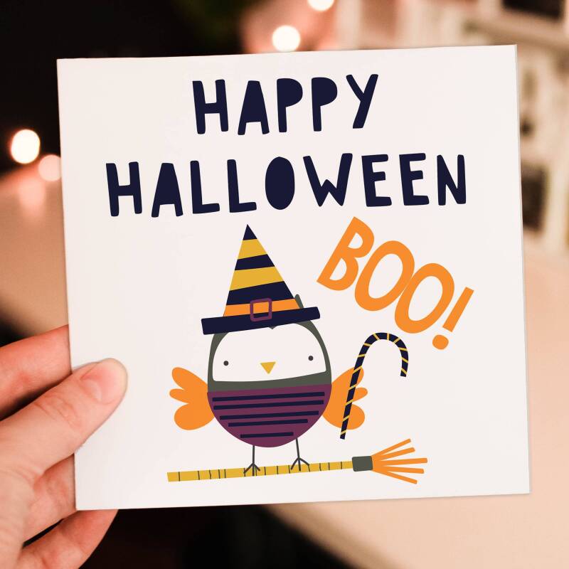 Trick or treat owl, spooky, witch, boo cute Happy Halloween card for children, kids, adults, all ages (Size A6/A5/A4/Square 6x6") - A6: Single card