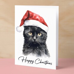 Cat Christmas Card Featuring A Black Cat Wearing a Santa Hat Fun Christmas Card For Him or Her Christmas Card For Anyone Christmas Gift - Small (4x6) / Blank Message