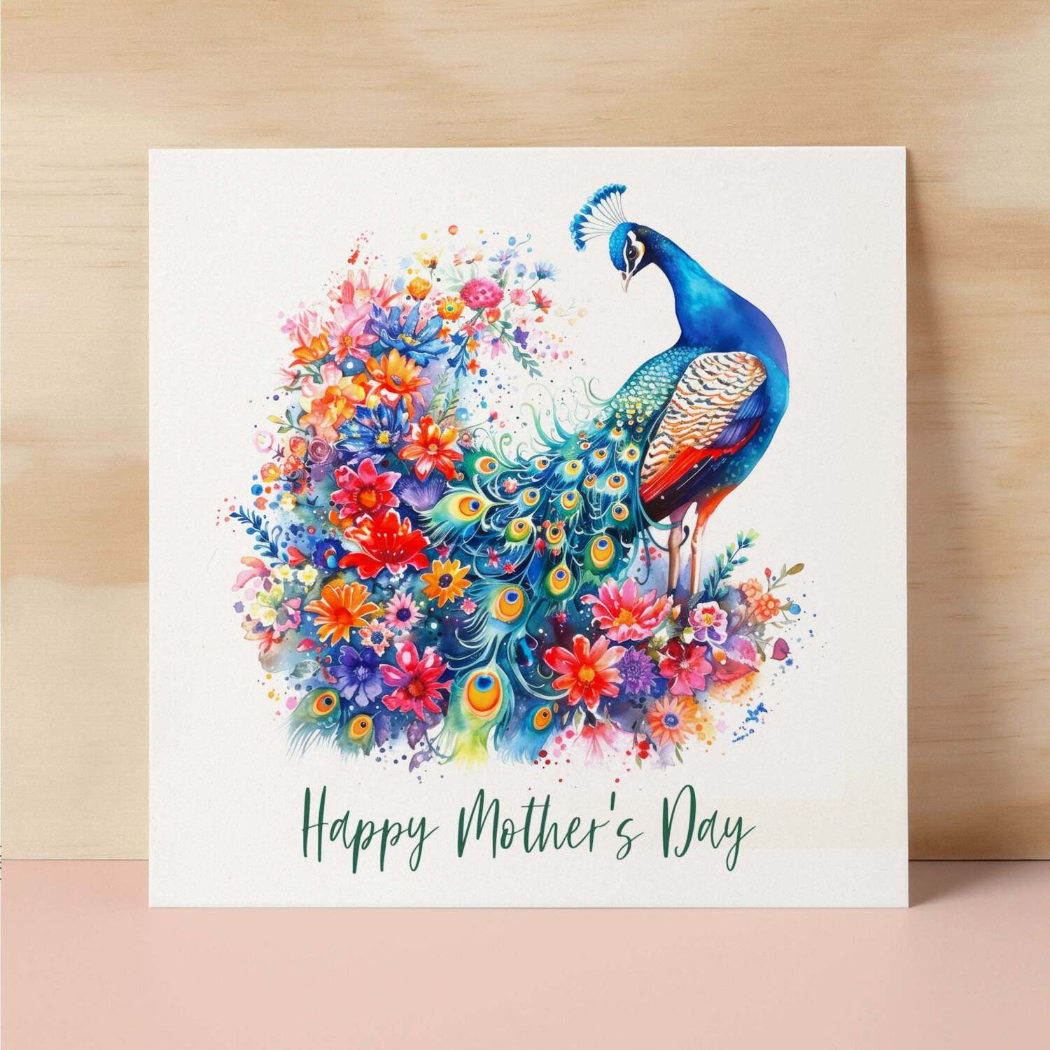 Mother's Day Card For Mum Happy Mother's Day Mothers Day card Mothering Sunday Flower Peacock Mother's Day Card For Mom Mommy Mum Mummy - Square (6x6) / Blank Message