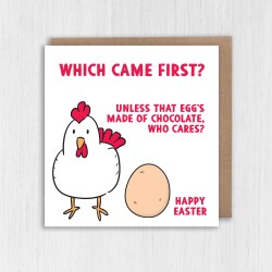 Which came first, the chicken or the egg funny Easter Sunday joke card for any age, adults and children (Size A6/A5/A4/Square 6x6") - A6: Single card