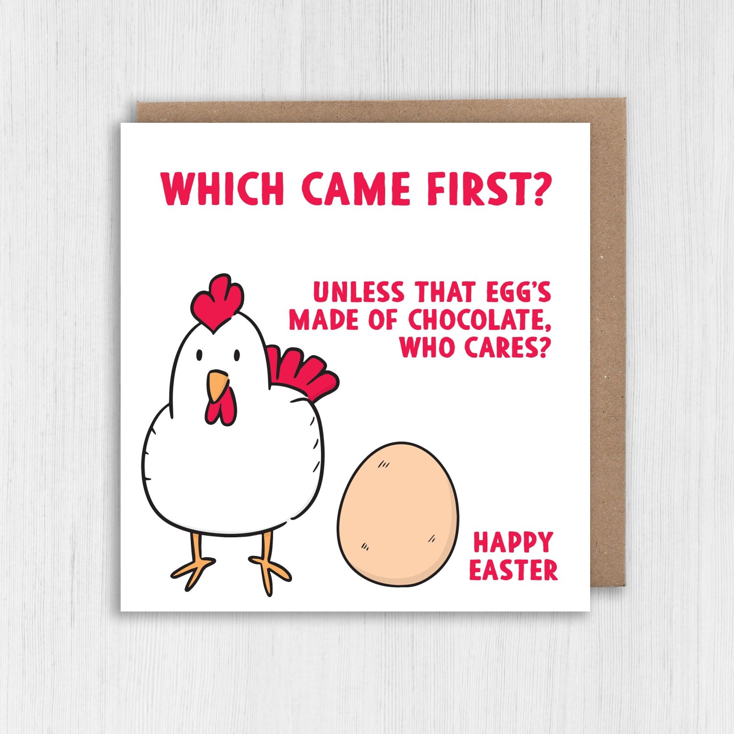 Which came first, the chicken or the egg funny Easter Sunday joke card for any age, adults and children (Size A6/A5/A4/Square 6x6") - A6: Single card