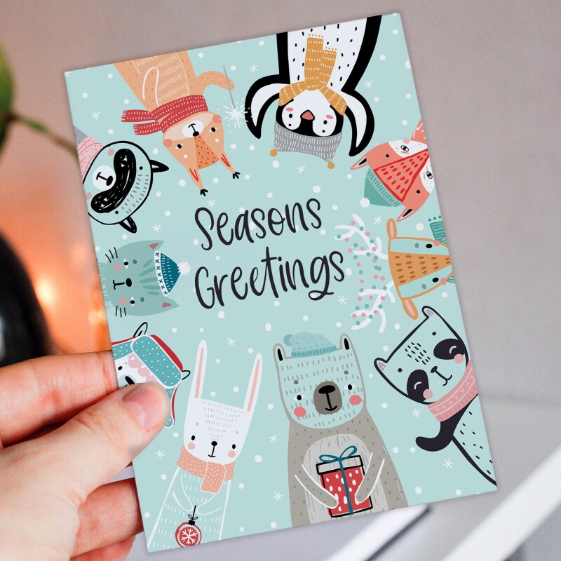 Seasons Greetings cute woodland animals Christmas, Holidays, Xmas, festive card for friends, mates, neighbours (Size A6/A5/A4/Square 6x6") - A6: Single card