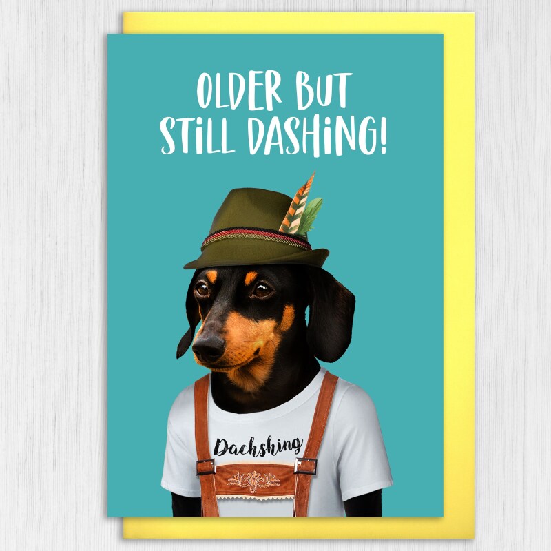 Older but still dashing dachshund in clothes, dog birthday card, old man, old lady, old person, OAP (Animalyser) (Size A6/A5/A4/Square 6x6") - A6: Single card