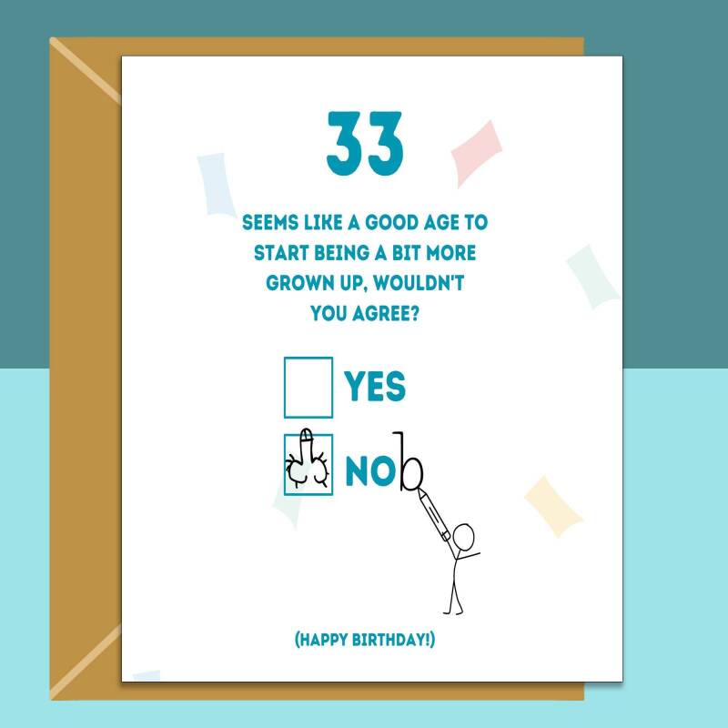 Funny 33rd Birthday Card - For him or her - Ideal for brother, sister, colleague, friend, anyone turning 33 years old - Can be personalised - Blank Inside - Regular