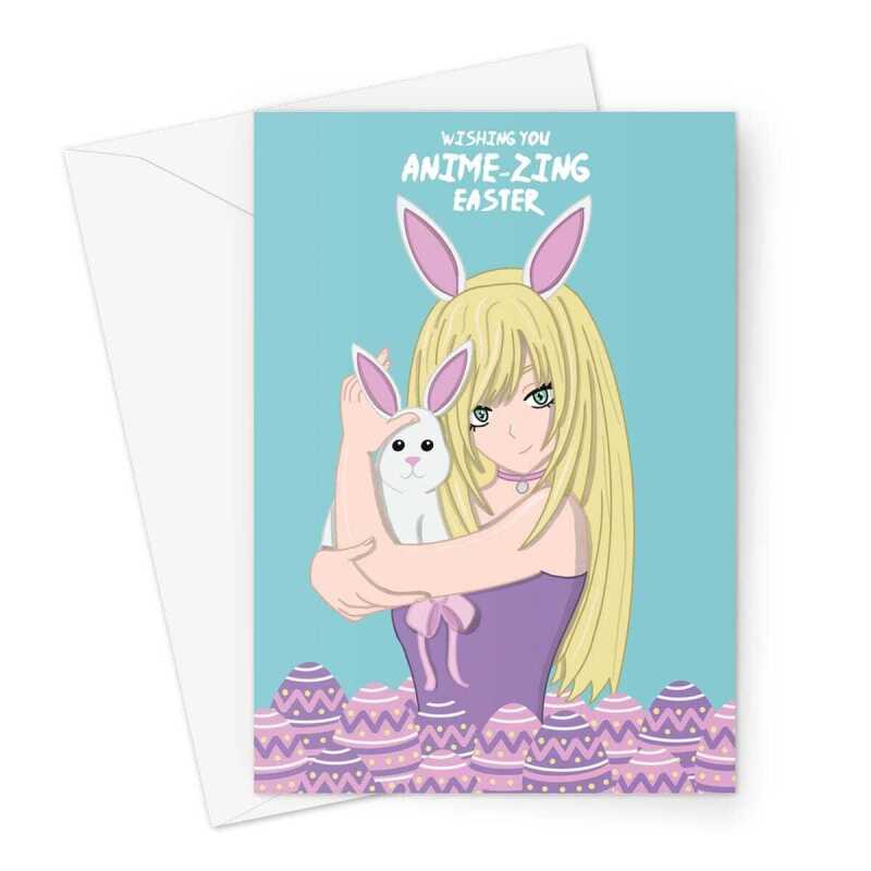 Happy Easter Card - Anime Girl And Bunny Rabbit - A5 Portrait - 1 Card