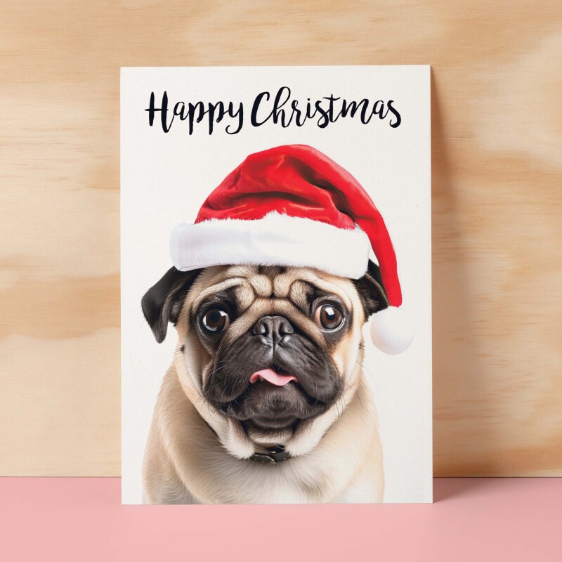 Christmas Card For Him or Her Christmas Card With A Dog Pug Dog Christmas Card For Anyone Friend or Relative Fun Christmas Card of a Dog - Small (4x6) / Blank Message