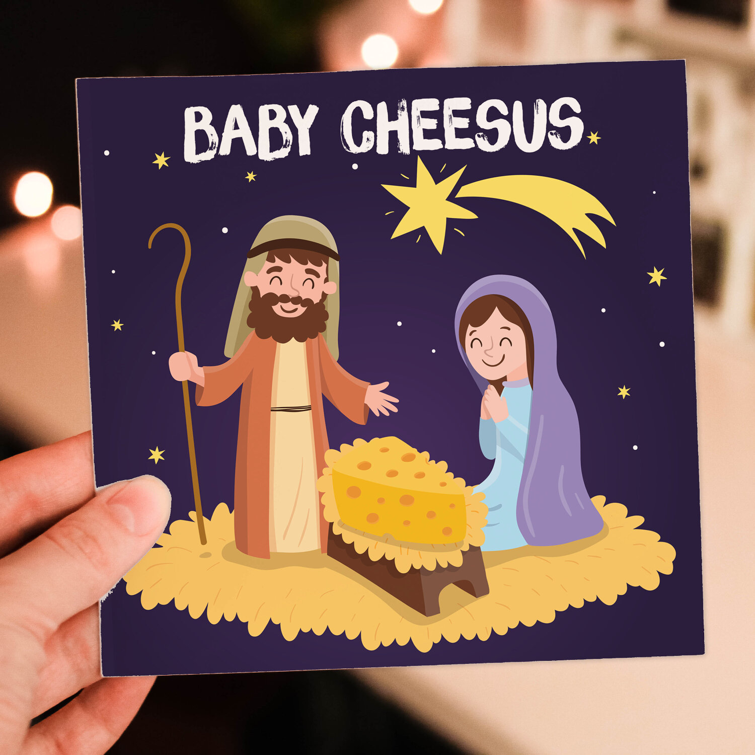 Baby Cheesus funny Jesus, cheese Christmas, Holidays, Xmas, festive card for friend, mate, neighbour, coworker (Size A6/A5/A4/Square 6x6") - A6: Single card