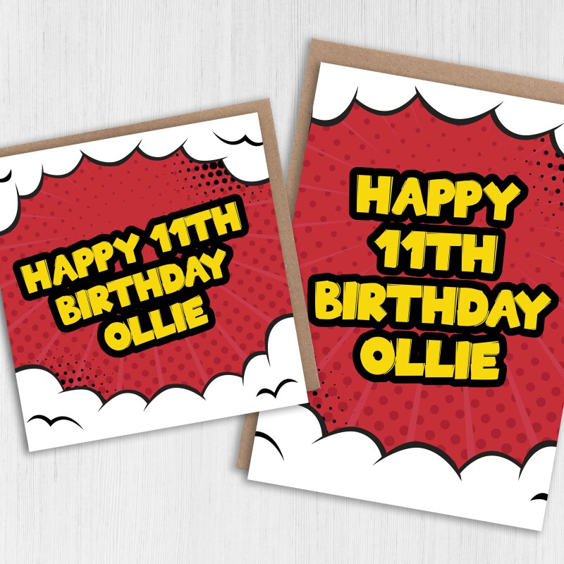 Personalised name, any age child, kid, boy, girl birthday card: Comic book - 1st, 2nd, 3rd, 4th, 5th, 6th, 7th (Size A6/A5/A4/Square 6x6") - A6: Single card