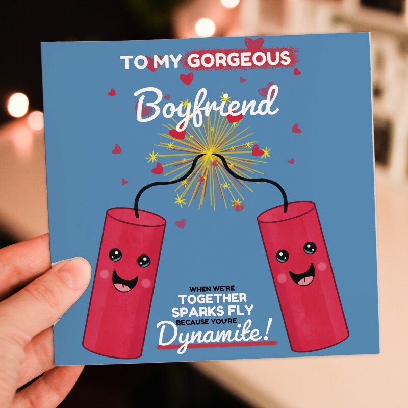 Sparks fly because you’re dynamite funny anniversary card for boyfriend, husband, wife, girlfriend, partner (Size A6/A5/A4/Square 6x6") - A6: Single card