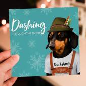 Dashing through the snow dachshund in clothes, dog Christmas, Holidays, Xmas, festive card (Animalyser) (Size A6/A5/A4/Square 6x6")