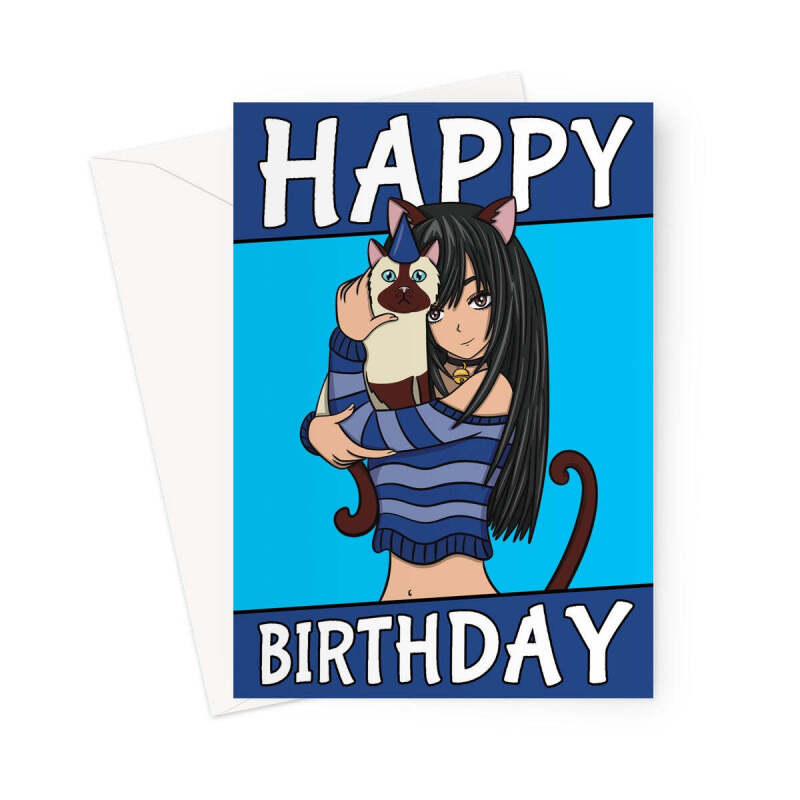 Cute Anime Birthday Card For A Cat Lover - A5 Portrait - 1 Card