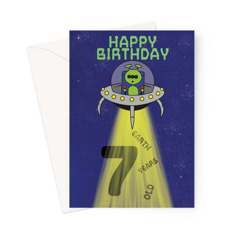 Age 7 Boys Alien Birthday Card - A5 Portrait - 1 Card