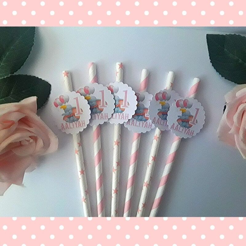 Personalised Dumbo Straws,Dumbo Birthday Party Table Decor ANY AGE(unofficial) - Pink