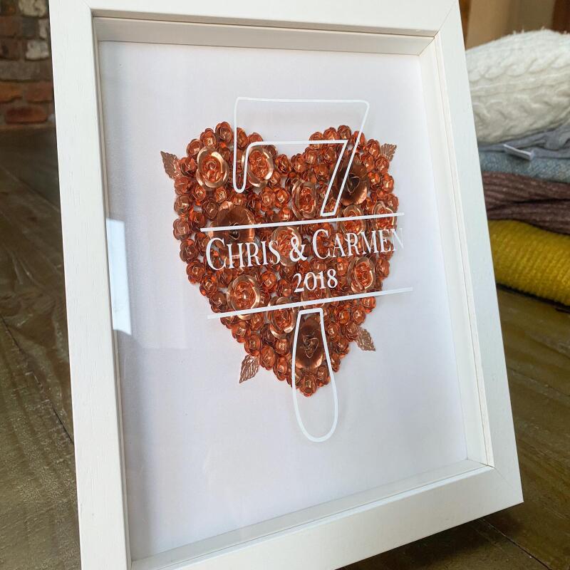 7th Anniversary Gift, Copper Heart Shadow Box, Personalised Copper Flowers, 7 Year Anniversary Frame, Custom Wedding Anniversary Gift - White