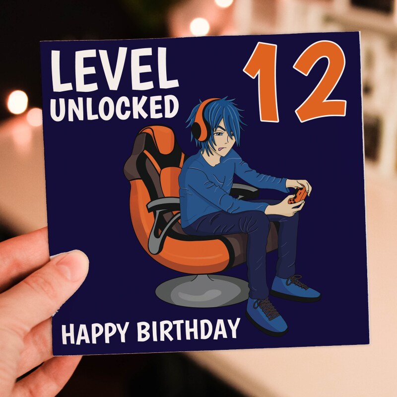 Level unlocked with any age gaming, gamer, teenager, children's, kids age card, 10th, 12th, 13th, 14th, 16th (Size A6/A5/A4/Square 6x6") - A6: Single card