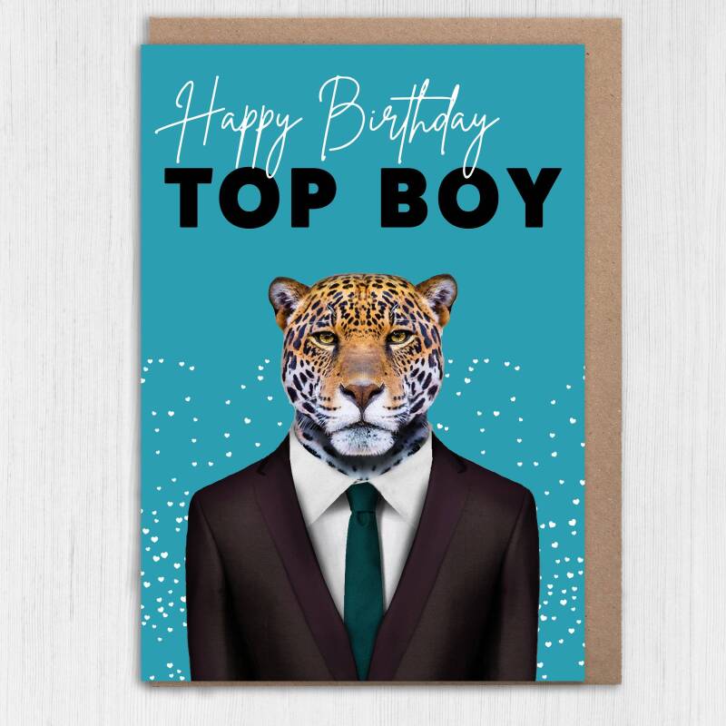 Happy Birthday Top Boy Jaguar animal in clothes card for boyfriend, husband, male, brother (Animalyser) Size A6/A5/A4/Square - A6: Single card