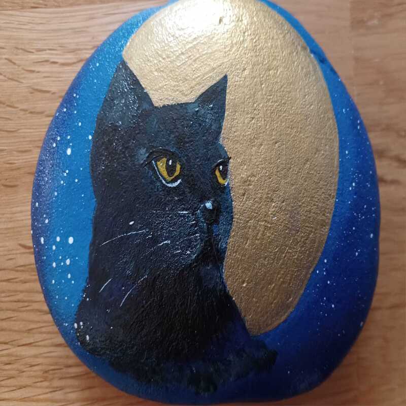 Hand Painted Cat and Moon Stone (Large)