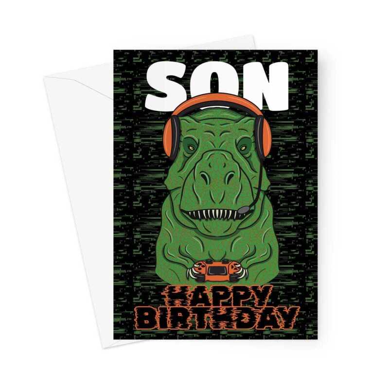 Son Birthday Card, Funny Gamer T-Rex - A5 Portrait - 1 Card