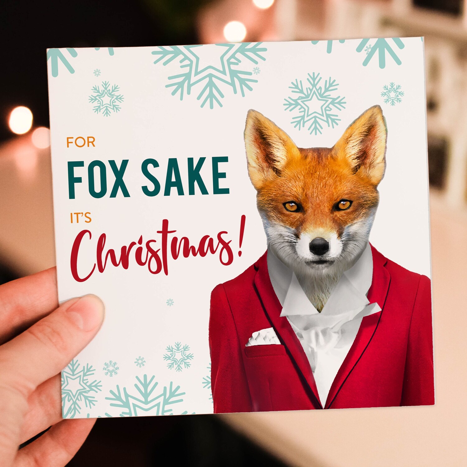 For Fox Sake it’s Christmas funny fox in clothes Christmas, Holidays, Xmas, festive card (Animalyser) (Size A6/A5/A4/Square 6x6") - A6: Single card