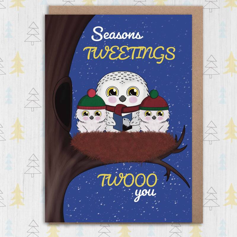 Seasons Tweetings twooo you Personalised funny owl pun Christmas card for son, daughter, grandchild, any relation, couple (Size A6/A5/A4) - A6: Single card