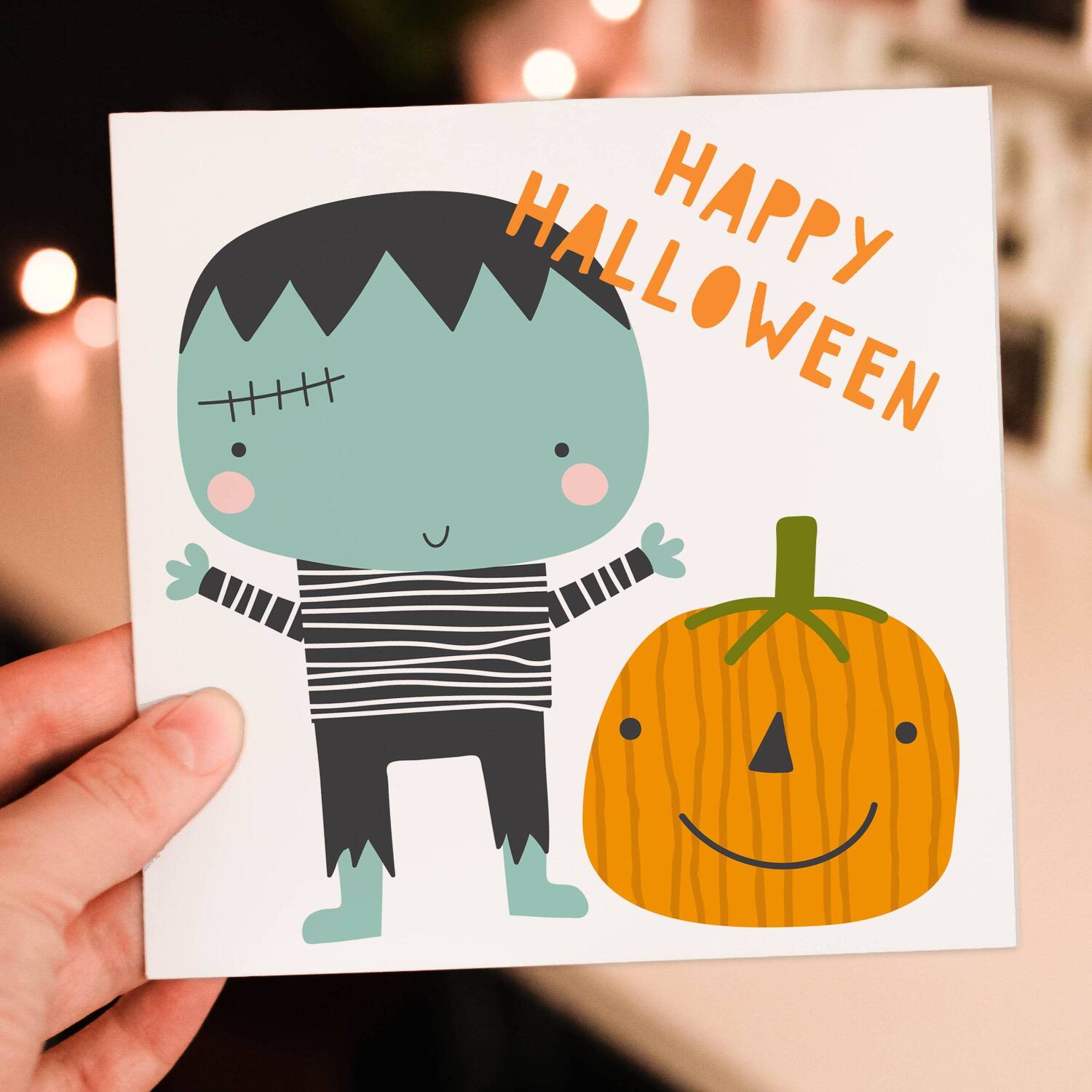 Zombie and pumpkin cute Happy Halloween, All Hallow's Eve card for children, kids, adults, all ages (Size A6/A5/A4/Square 6x6") - A6: Single card