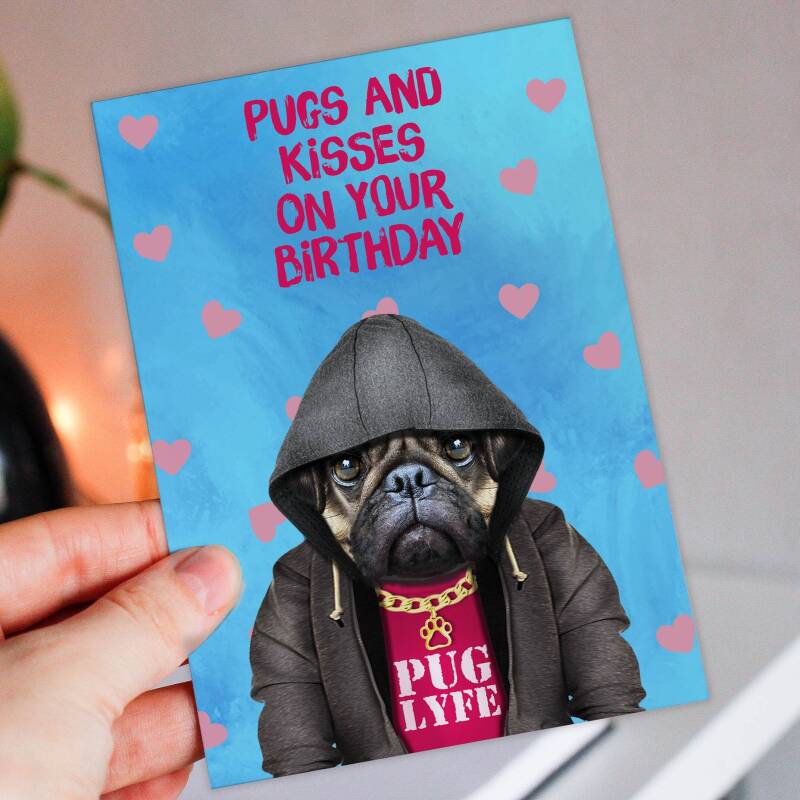 Pugs and kisses on your birthday cute pug in clothes, dog, hugs and kisses card for wife, husband (Animalyser) (Size A6/A5/A4/Square 6x6") - A6: Single card