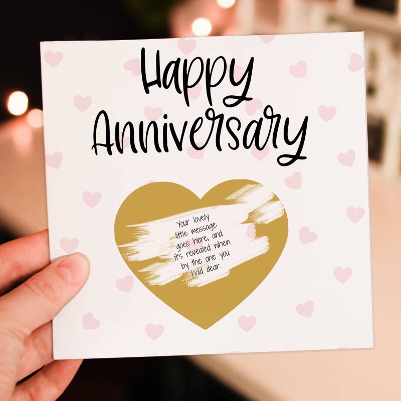 Personalised scratch off and reveal heart card: Happy Anniversary - with any message and choice of heart colour - Gold