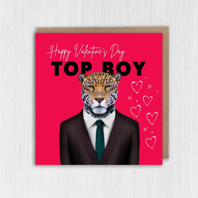 Happy Valentine's Day Top Boy Jaguar animal in clothes card for boyfriend, husband, male partner (Animalyser) Size A6/A5/A4/Square - A6: Single card