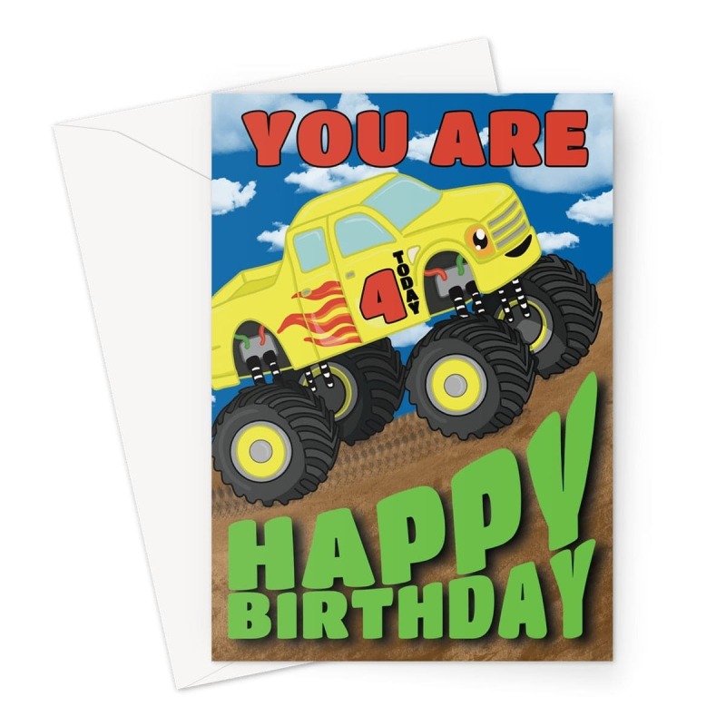 Age 4 Boys Monster Truck Birthday Card - A5 Portrait - 1 Card