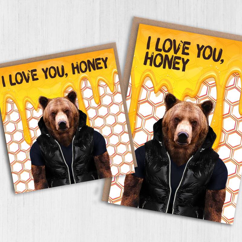 I love you honey bear in clothes anniversary card for wife, husband, girlfriend, boyfriend, partner (Animalyser) (Size A6/A5/A4/Square 6x6") - A6: Single card