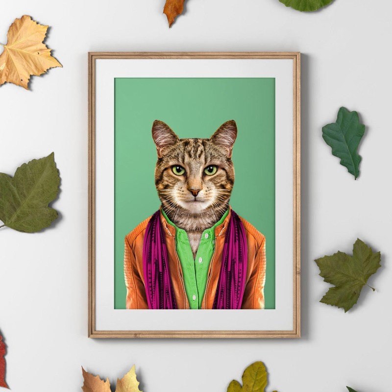 Cat in clothes, animal print, wall art - A5 - Glossy - Green