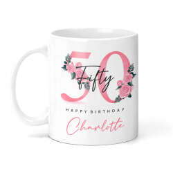 Personalised Floral 50th Birthday Mug - Standard 10oz Ceramic Mug