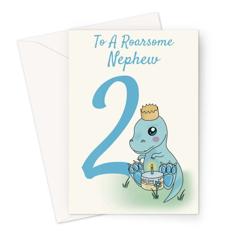 2nd Birthday Card For A Nephew - Cute Dinosaur - A5 Portrait - 1 Card