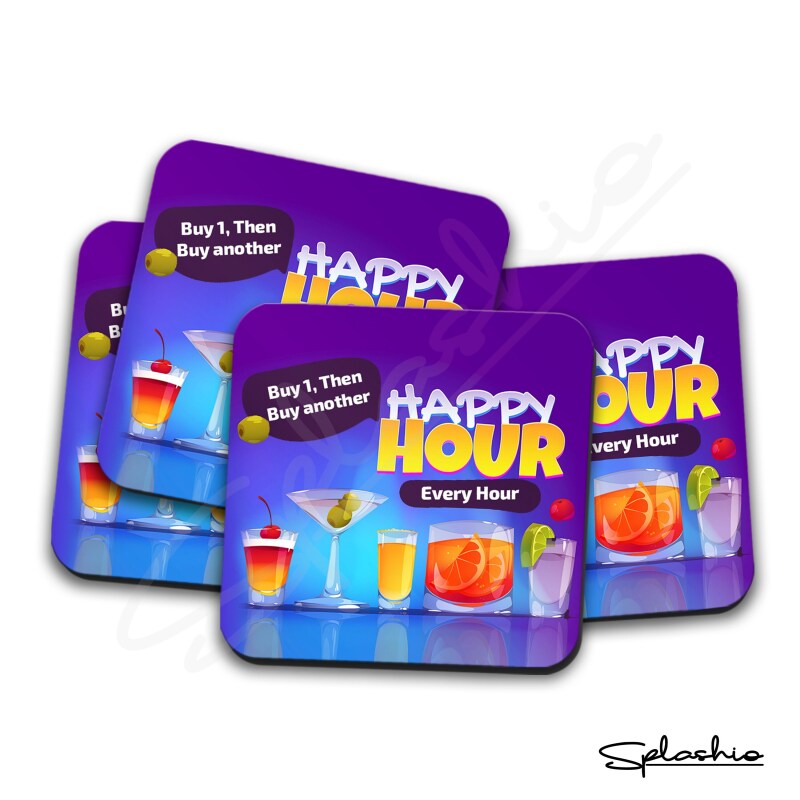 Bar Runner Mat, Happy Hour - Cocktail Bar Custom Beer Mats & 4 x Drinks Coasters Funny Garden Bar Sets / Personalised Mats Home Cocktails - Set of 4 Coasters